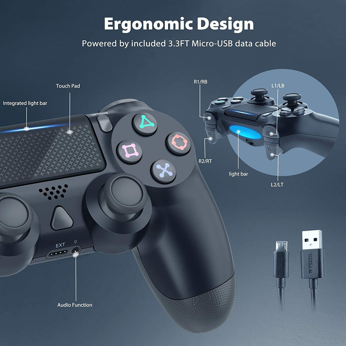 Mando inalámbrico con vibración compatible con PS4. Funciones completas.